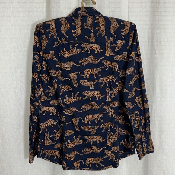 J. Crew S Navy Caramel Brown Tiger Print Signature Fit Stretch Cotton Shirt - Picture 3 of 13